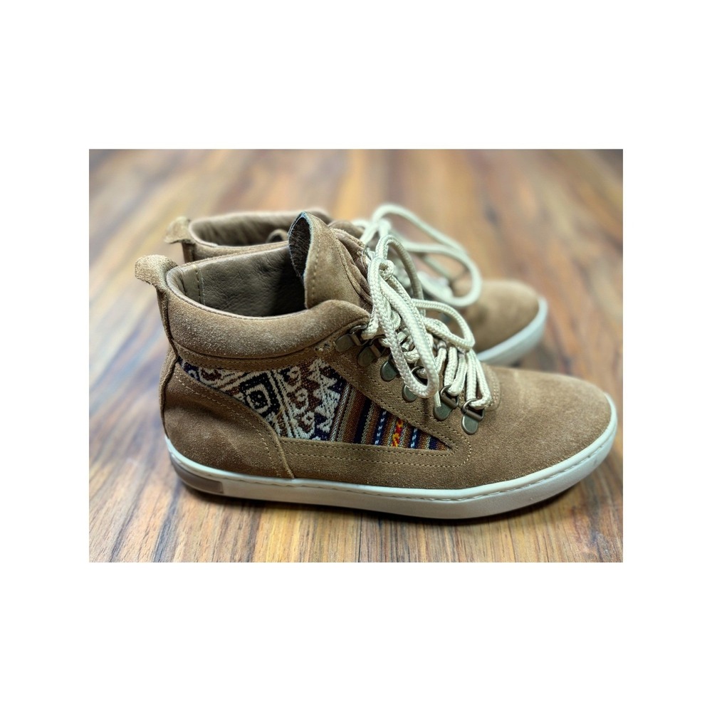Inkkas Women 7 Tan Suede Camping Boots Woven Textile Boho Gorpcore
